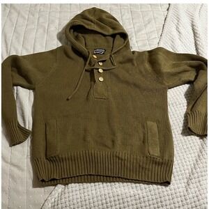 Vintage Monarch Men's Small Olive Green Hooded Knit Henley Sweater Pullover